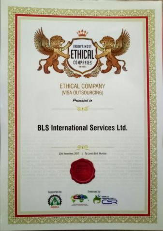  BLS International recognized as  India's Most Ethical Company Award - Visa Outsourcing category